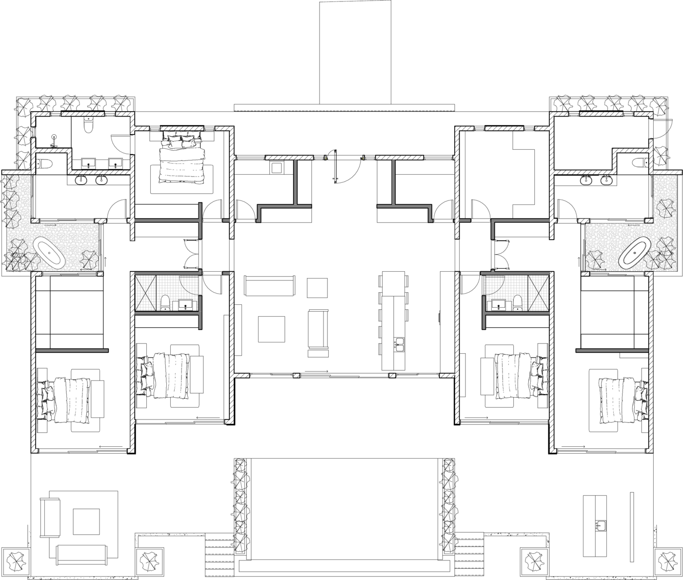 Floor plan of the 5-Bedroom Villa showing two primary suites, two additional en-suite bedrooms, and the central living pavilion