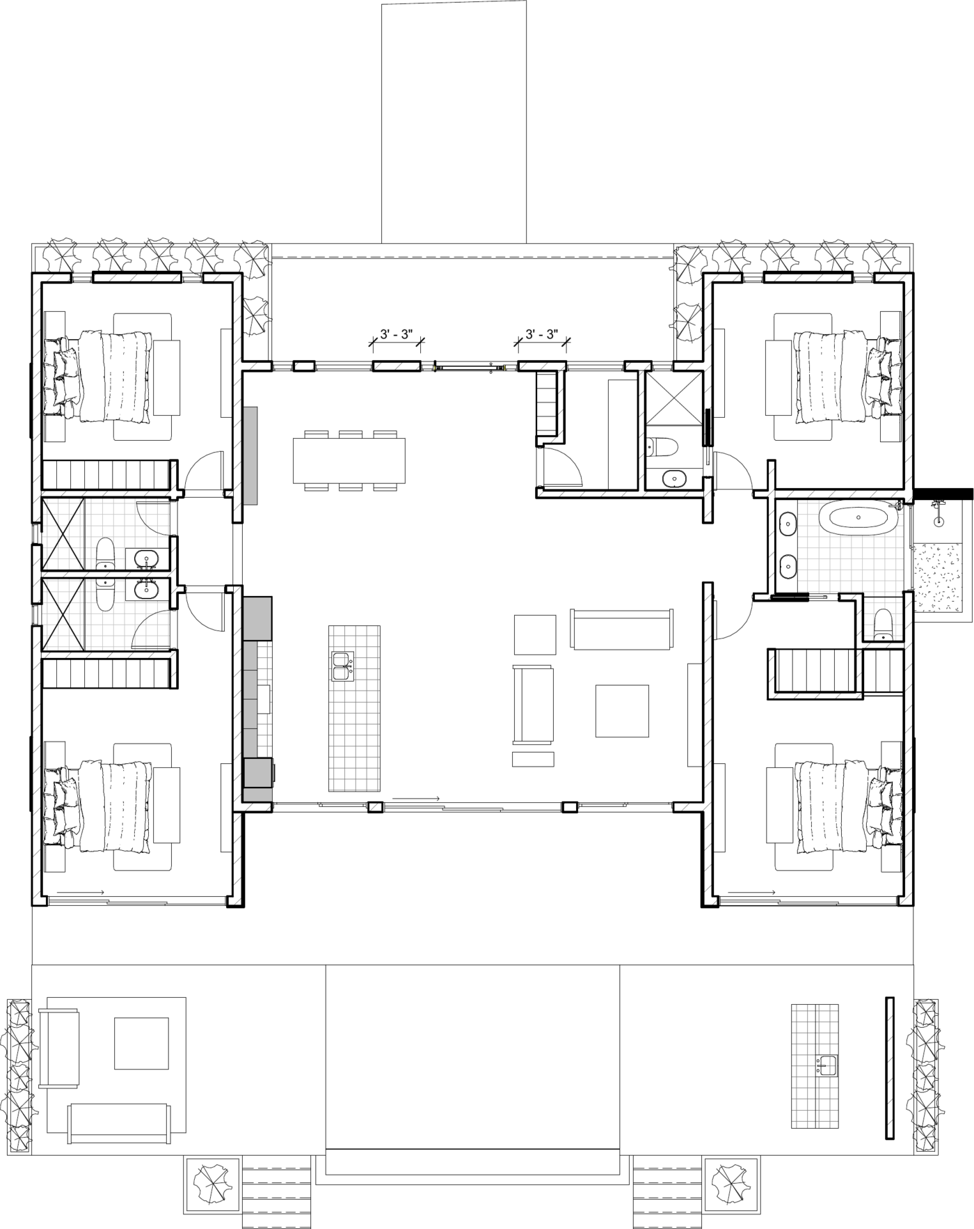 Floor plan of the 4-Bedroom Villa showing four en-suite bedrooms flanking the central living pavilion