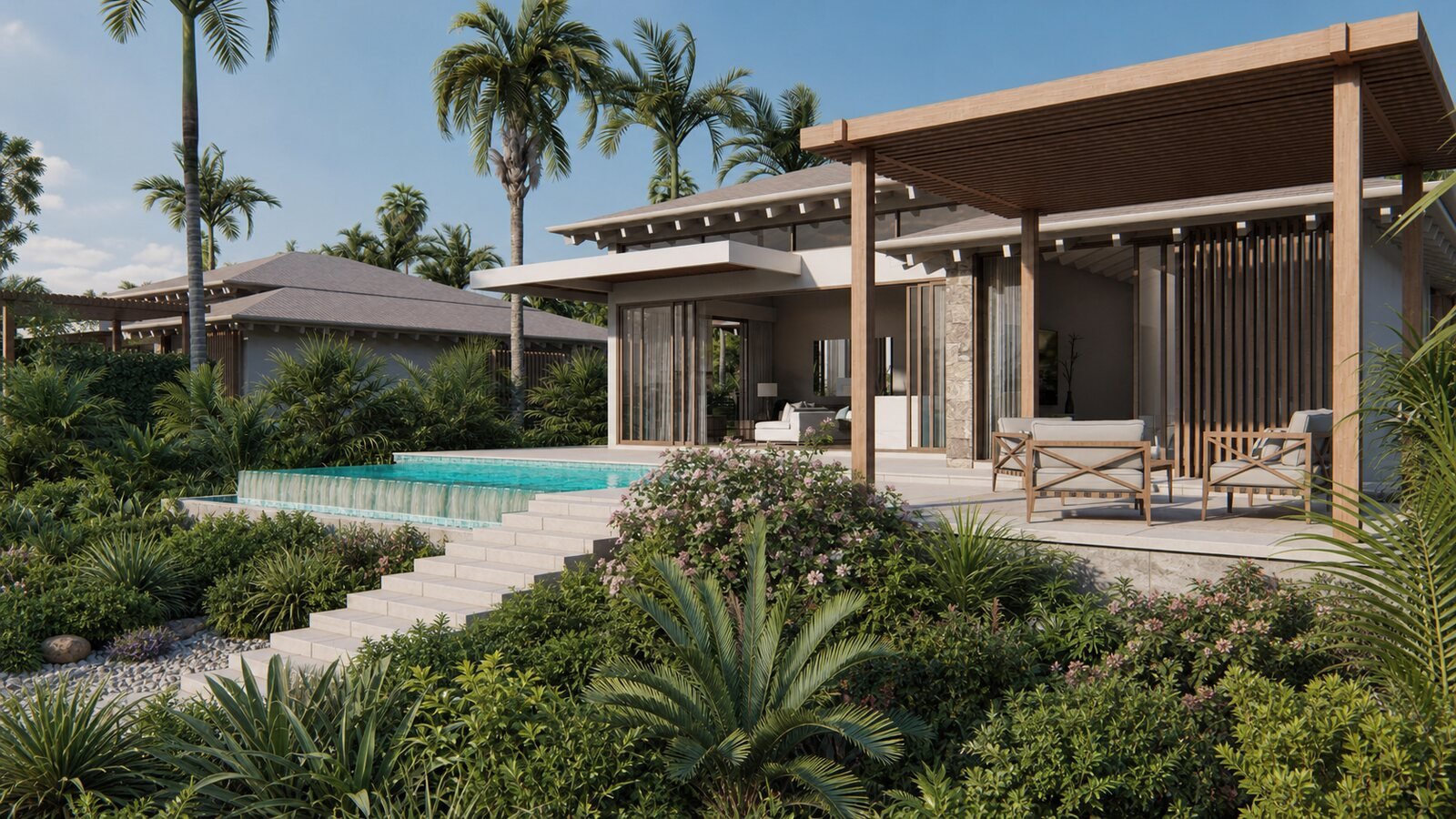 3-Bedroom Villa pool terrace and covered pergola facing the ocean