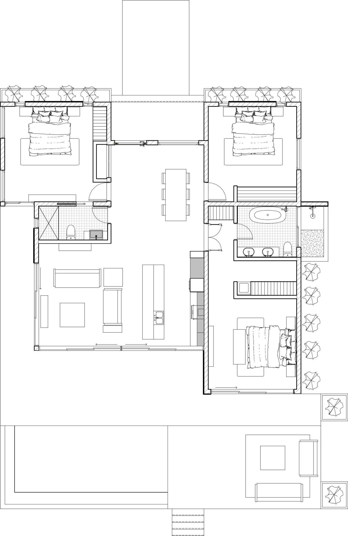 Floor plan of the 3-Bedroom Villa showing the primary suite, two additional bedrooms, and the central living pavilion